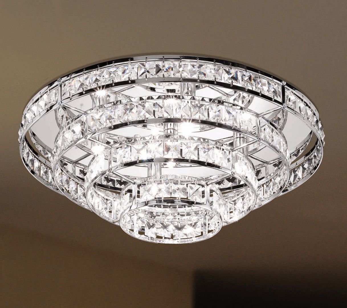 Plafoniera lampadario soffitto acciaio cromato cristalli rotonda ...