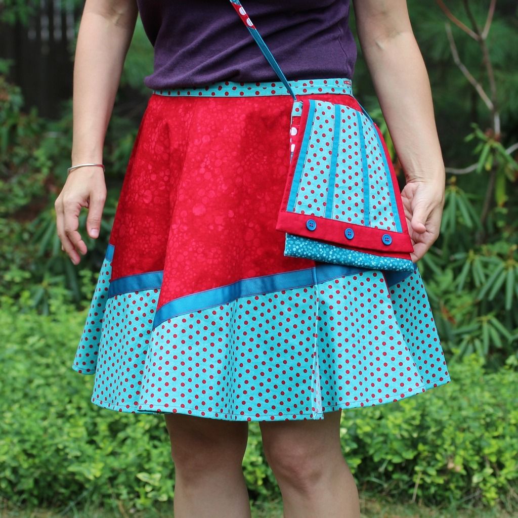 red and turquoise skirt with dots and matching purse