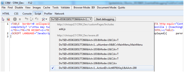 Sage CRM Development Debugging console panel