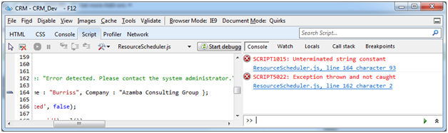 Sage CRM Development Debugging unhandled exception